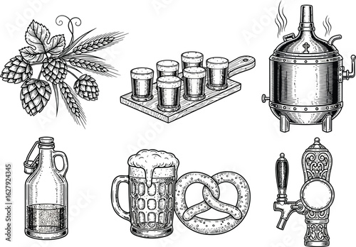Vintage Beer Brewing Elements Icon Set
