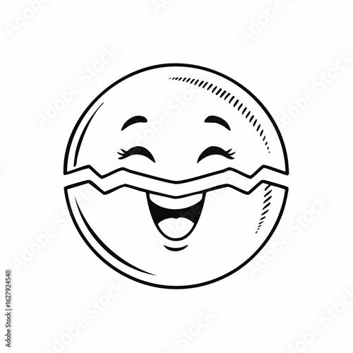 Smiling cracked egg cartoon illustration depicting joy and cheerfulness in black and white