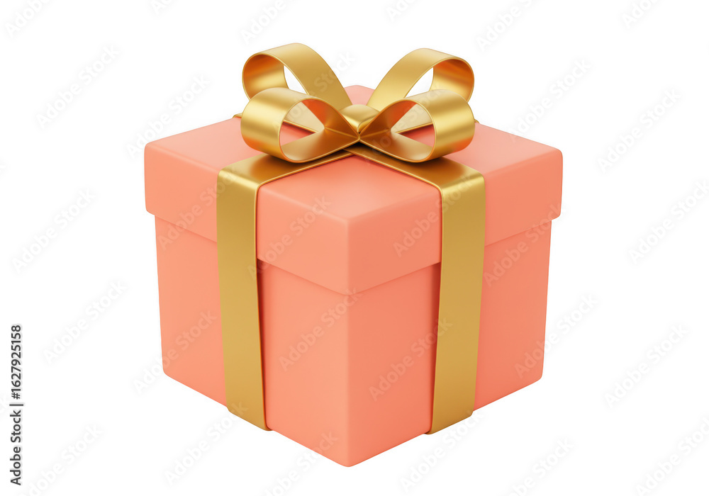 Fototapeta premium Coral gift box with gold ribbon and bow isolated on transparent background
