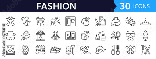Fashion Web Icon Set in Line Style. Collection of Clothing Linear Icons, Including accessories, clothes, sewing, dress, shoes, beauty, tailor, fabric, dress, shirt, underwear and more. Editable Stroke