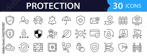 Protection Web Icon Set in Line Style. Collection of Security Linear Icons, Including defense, safe, safety and security, alarm, encryption, cybersecurity, locked, shield, guard, lock. Editable Stroke