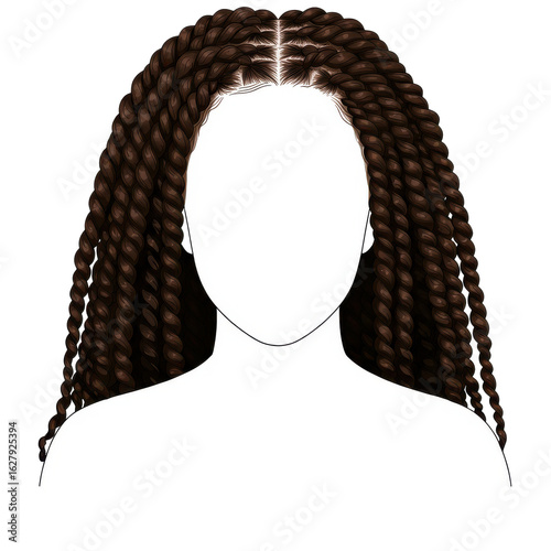Illustration of a woman with long, braided hair, set against a simple white background, showcasing hairstyle
