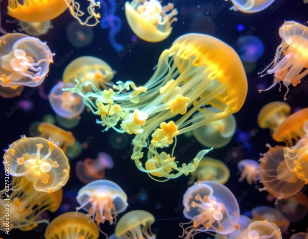 Obraz premium changes in ocean chemistry caused by climate change can influence jellyfish bioluminescence affecting mating signals and social behavior patterns.