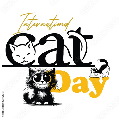 International Cat Day Typography Vector – Playful Letters with Cute Cat Faces, Tails & Cartoon Characters