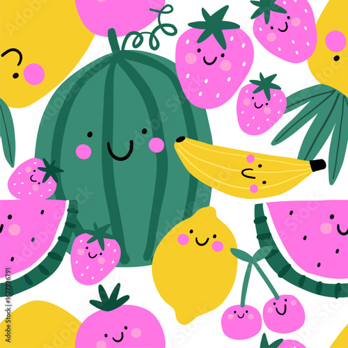 Cute fruits and berries seamless pattern. Comic vegetarian food collection on white background. Colorful vector illustration in cartoon style.