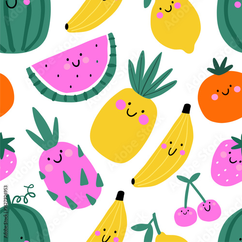 Cute fruits and berries seamless pattern. Comic vegetarian food collection on white background. Colorful vector illustration in cartoon style.