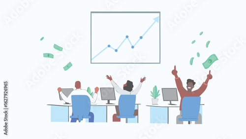 Three people celebrating success at their desks with a rising graph and falling money overhead