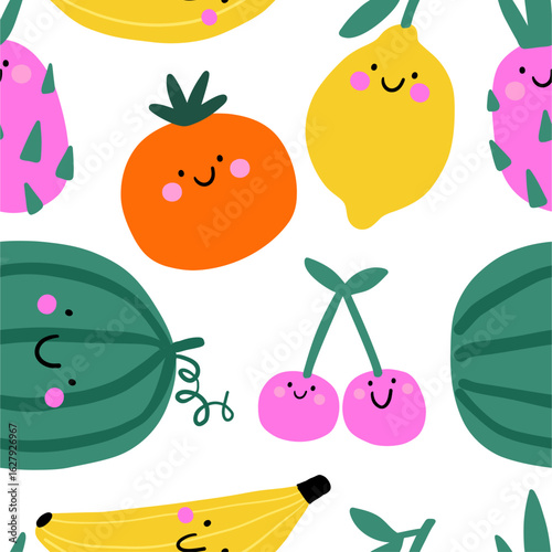 Cute fruits and berries seamless pattern. Comic vegetarian food collection on white background. Colorful vector illustration in cartoon style.