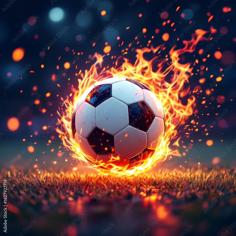 Naklejka premium Flaming soccer ball dynamic motion on grass fire flames