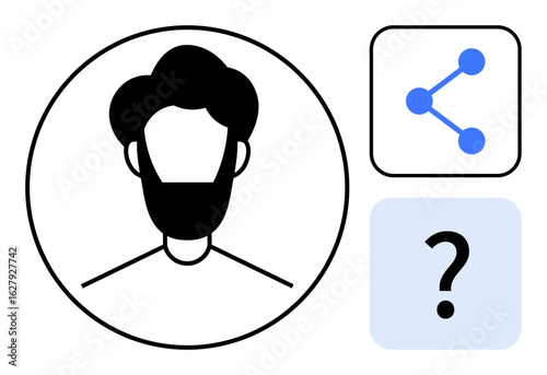 Head and shoulders avatar in a circle, network node symbol, and question mark in square. Ideal for user interface, identity, sharing, collaboration, inquiry, profiles and a simple landing page