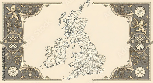 Ornate vintage map of the United Kingdom and Ireland with historical heraldic symbols in an antique style.