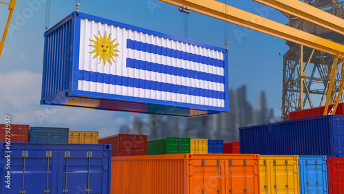 3D rendering of a shipping container with the Uruguayan flag suspended from a crane in a port dock.