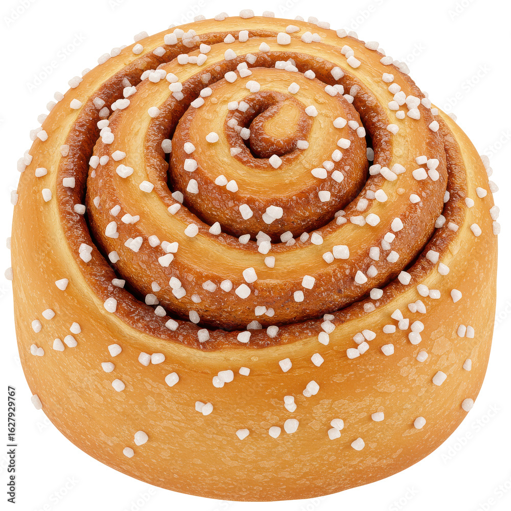 Fototapeta premium Delicious cinnamon roll with sugar crystals, isolated on white background, perfect for dessert menus