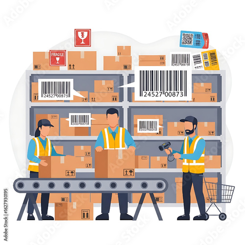 Warehouse workers scanning barcodes and managing inventory in a storage facility