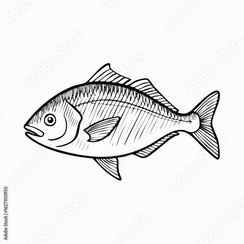 Detailed line drawing of a fish, showcasing its anatomical features in black and white