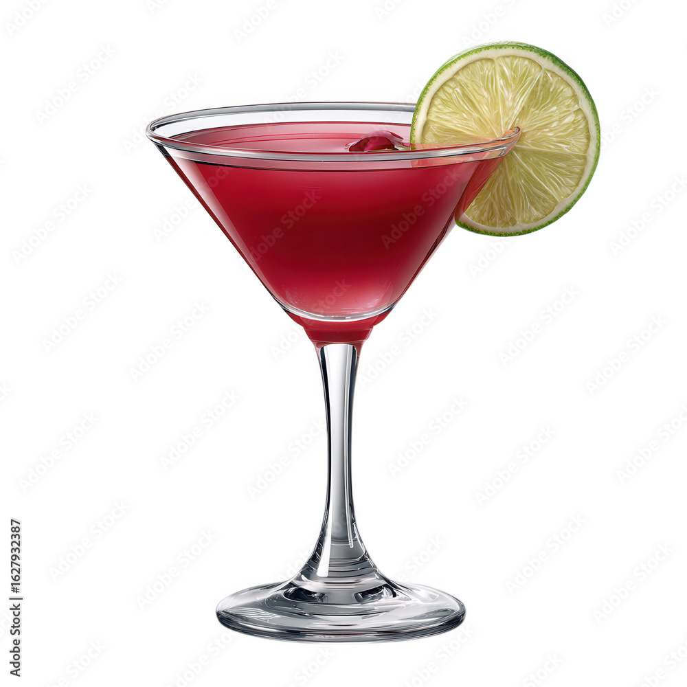 A refreshing crimson cocktail garnished with a lime slice in a martini glass isolated on transparent background A refreshing crimson cocktail garnished with a lime slice in a martini glass isolated on transparent background