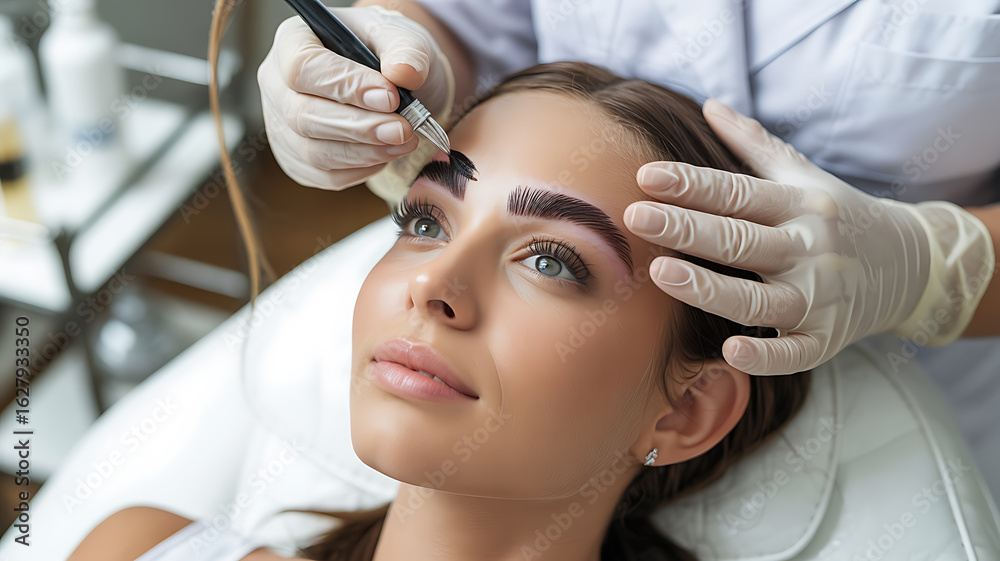 Naklejka premium Woman receiving eyebrow microblading treatment. 