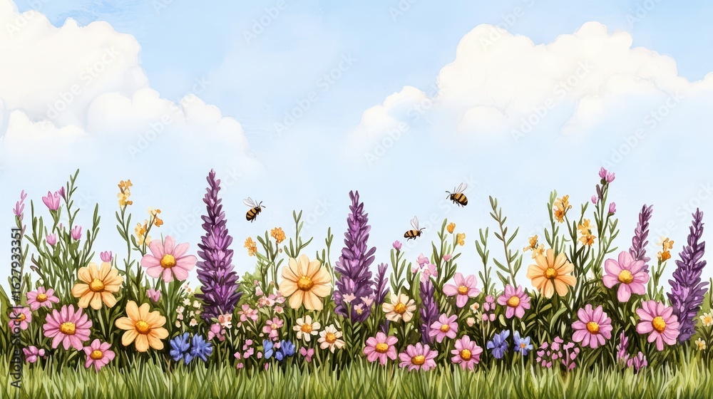 Fototapeta premium Vibrant Flower Garden with Bees and Blue Sky Background