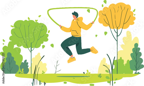Energetic young man in yellow hoodie jumping rope outdoors in a park during autumn with colorful trees