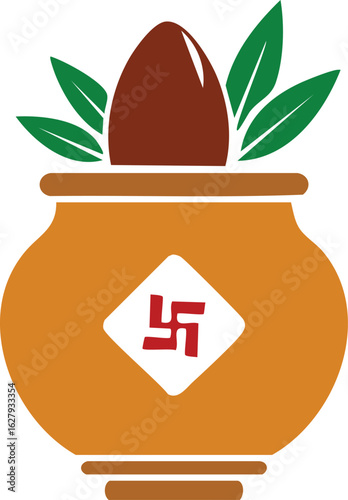 auspicious mangal kalash with swastika symbol for Hindu puja, Diwali festival vector flat icon illustration 
