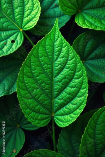 Intricate leaf pattern, vibrant green backdrop, plant, organic, floral