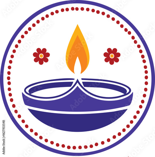 Colorful Diwali diya oil lamp icon in decorative circular frame, indian festival of lights vector flat logo
