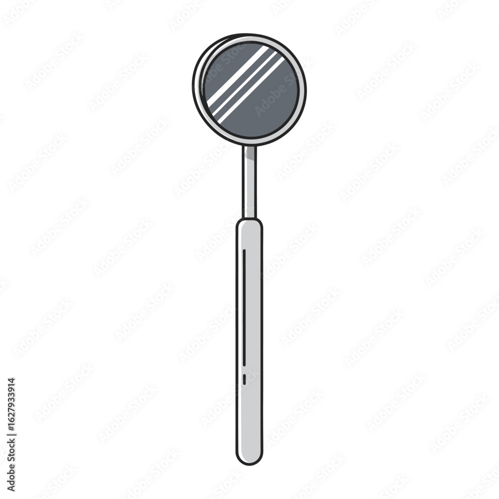 A simple illustration of a dental mouth mirror, showing its circular reflective surface and handle. A simple illustration of a dental mouth mirror, showing its circular reflective surface and handle.