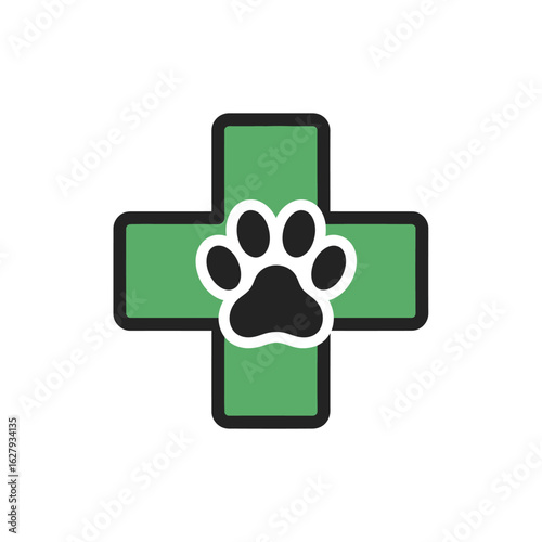 Green plus sign logo with a black paw print, representing a veterinary clinic or animal hospital.