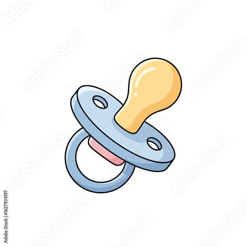 A light blue and yellow baby pacifier, cartoon style illustration.
