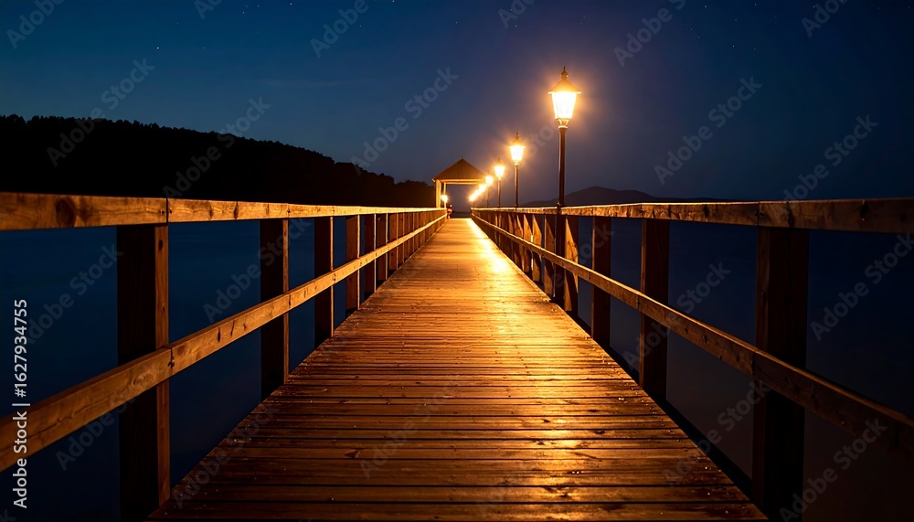 Obraz premium Walking on Wooden Pier at Night with Glowing Lights Along the Way