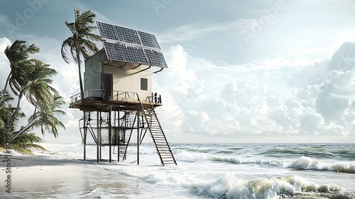 A small, light-beige, elevated, modern house on stilts, situated on a sandy beach amidst palm trees, with solar panels on the roof. Ocean waves crash on the shore