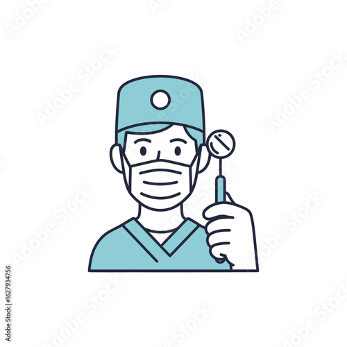 Professional illustration of a dentist or medical worker in scrubs, mask, and cap, holding a dental examination tool.