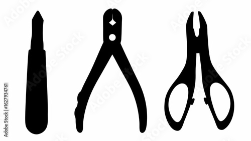 Three black silhouettes of different types of pliers and cutters on a white background are displayed