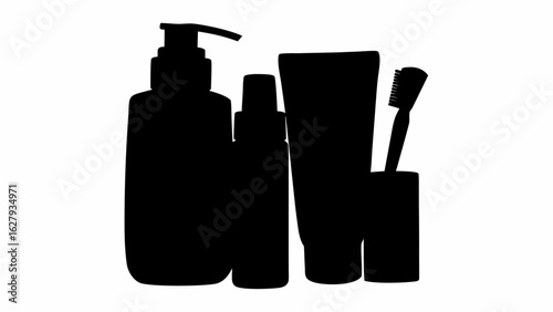 Silhouette of bathroom essentials including lotion bottle spray bottle toothpaste and toothbrush holder