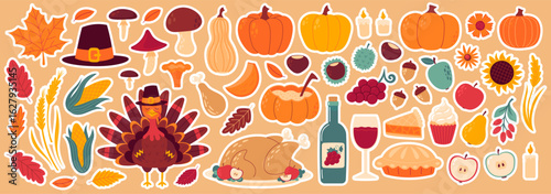 Thanksgiving sticker set. Autumn holiday. Traditional food, harvest festival, pumpkin, turkey and pie, corn, wine, candle, pilgrim hat and harvest. Flat Vector illustration