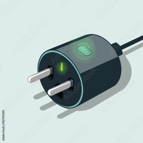 Black Electrical Plug With Green Indicator Light And Cable power electricity