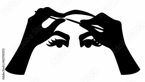Silhouette of hands plucking eyebrows above eyes with eyelashes in black and white illustration art