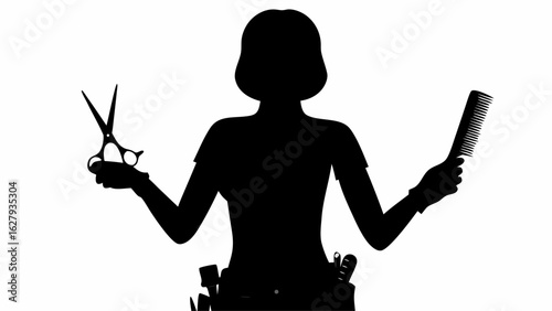 Silhouette of a hairdresser holding scissors and a comb ready to style hair in a salon setting