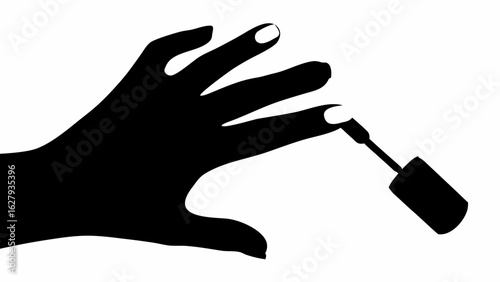 Silhouette of a hand painting nails with white polish using a brush applicator on a white background scene
