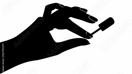 Silhouette of a hand holding a nail polish brush applying polish on fingernails against white background