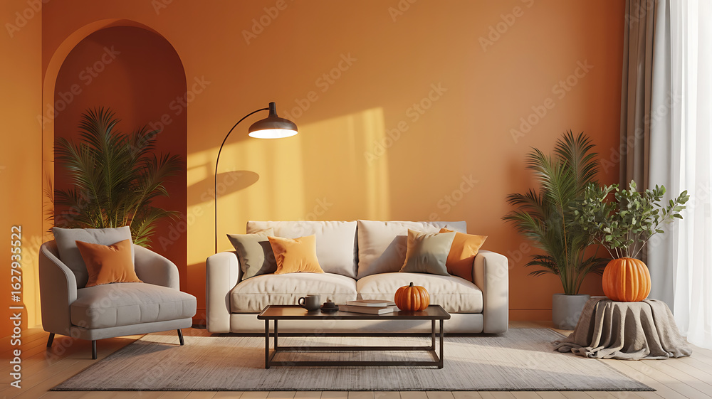 Fototapeta premium Warm living room with orange walls, cozy furniture, and autumnal decor. 