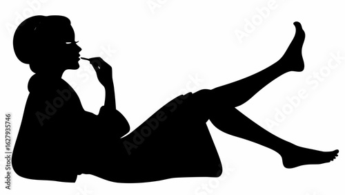 Silhouette of a woman in a robe applying makeup while reclining with legs raised against a white background