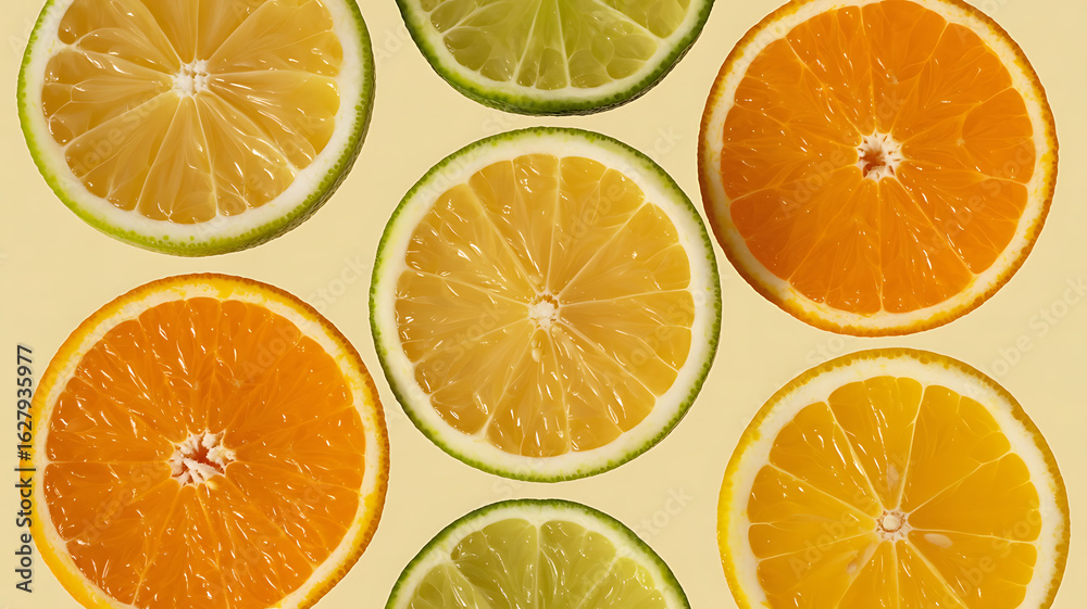 Obraz premium Citrus slices arranged in a pattern. Vibrant colors. 