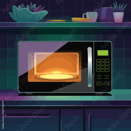 Kitchen microwave with illuminated interior and shelf with decor items oven kitchen appliance