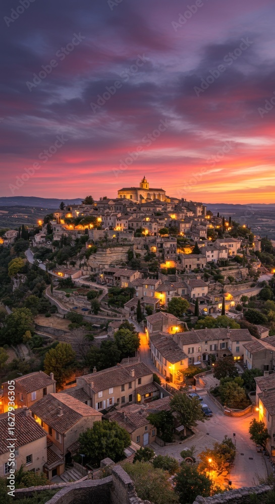 Obraz premium Hilltop village at sunset