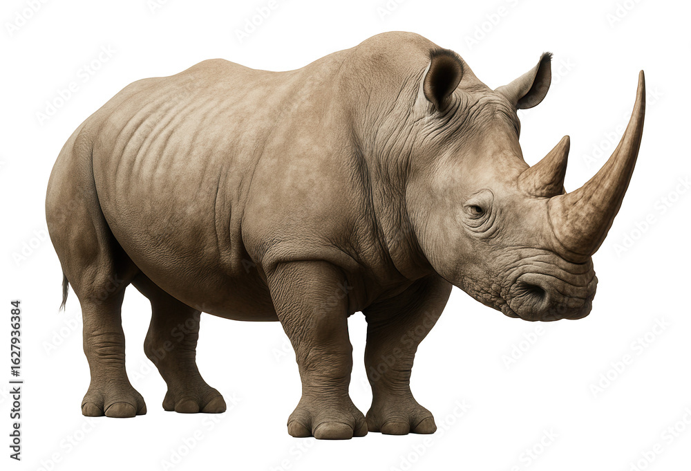 Obraz premium A realistic depiction of a rhinoceros with prominent horn and textured skin on transparent background.