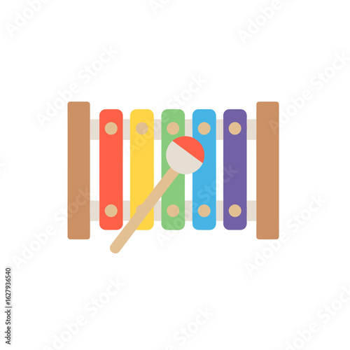 Colorful xylophone with wooden bars and mallet, isolated on white background.