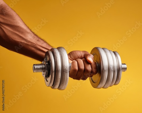 Close-up of a person's hand holding a dumbbell.  Dark-skinned arm flexed, gripping a weight.  Bright yellow background