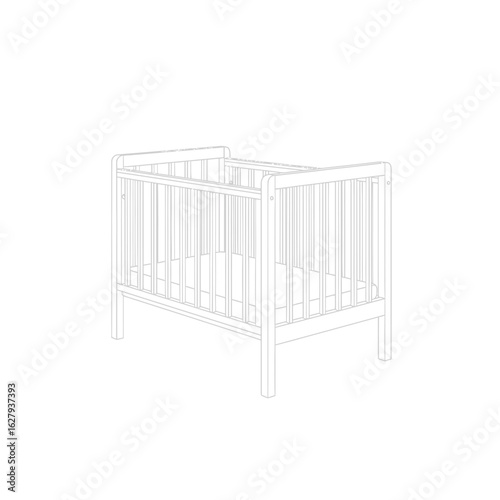 Simple line drawing of a wooden baby crib, isolated on white background.