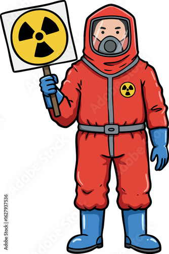 Person in red hazmat suit holding radiation warning sign vector illustration 